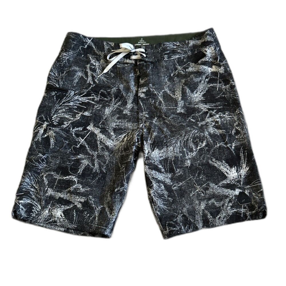 Prana Fenton Board Shorts Mens 32 UPF 50+ Black Gray 10” Inseam Swim